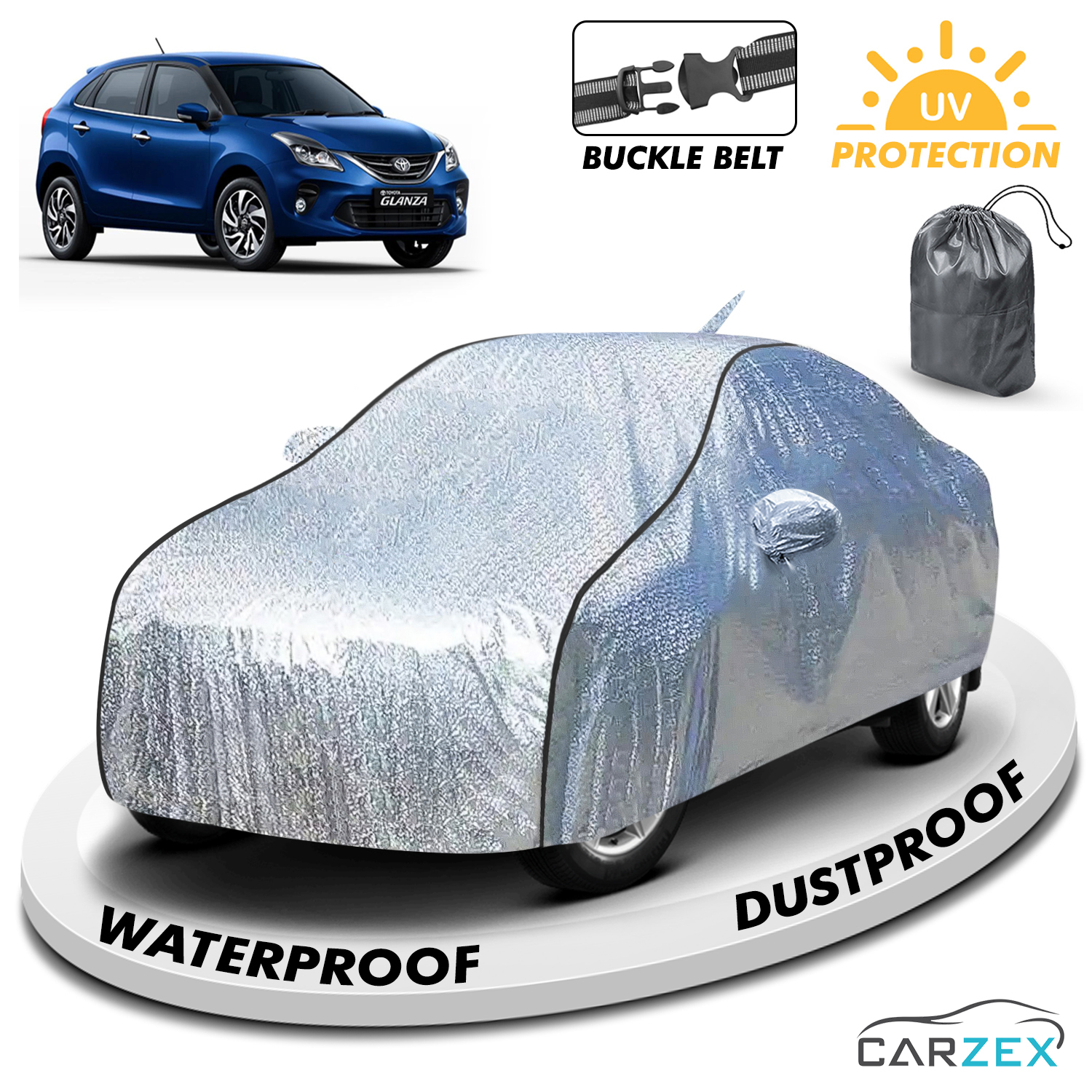 Carzex Waterproof & Heat Resistant Metallic Silver With Black Border Car Body Cover with Mirror & Antenna Pockets For Toyota Glanza Old